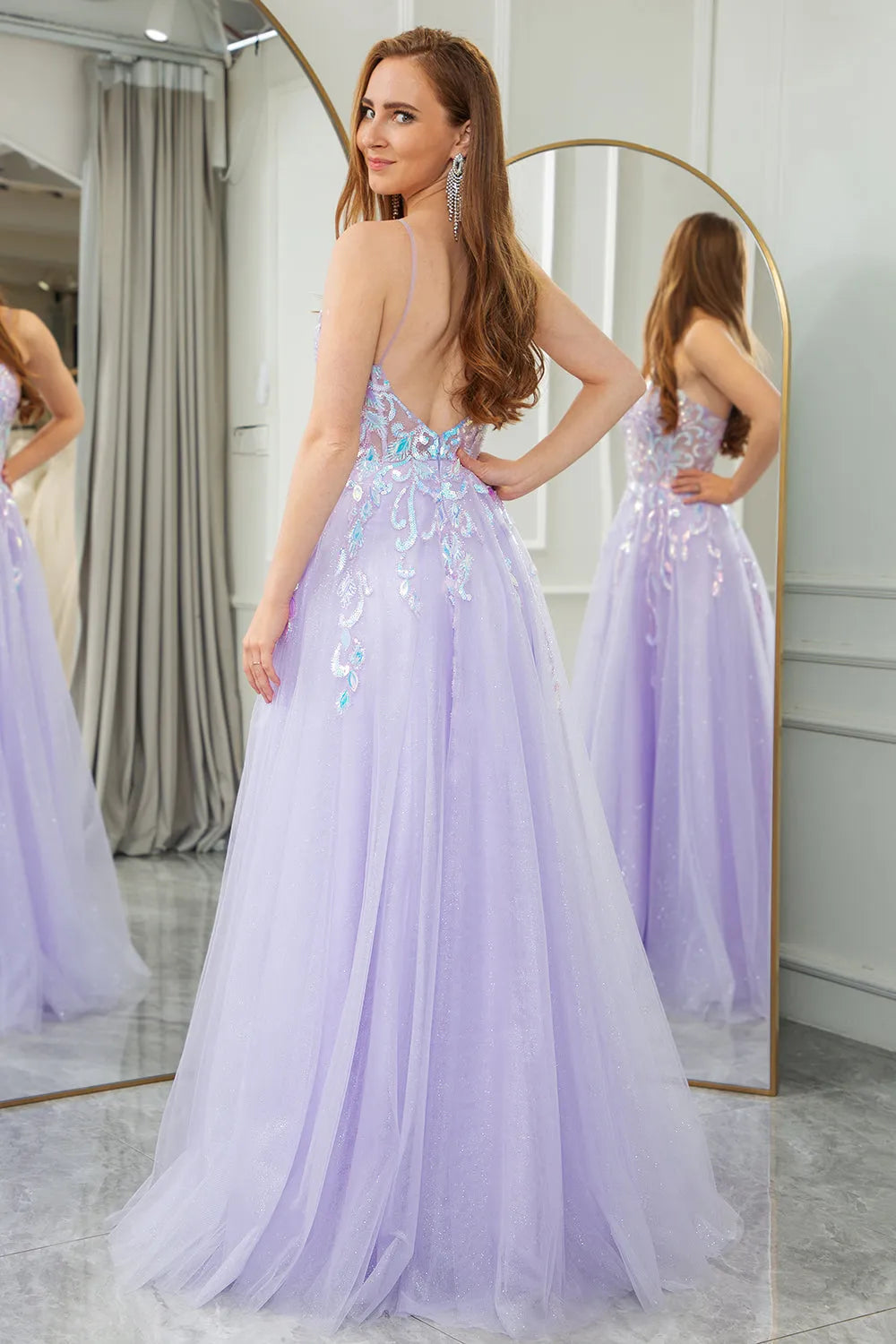 Wholesale Glitter Lilac A Line Backless Long Tulle Prom Dress With Sequined Appliques prom dresses with long sleeves